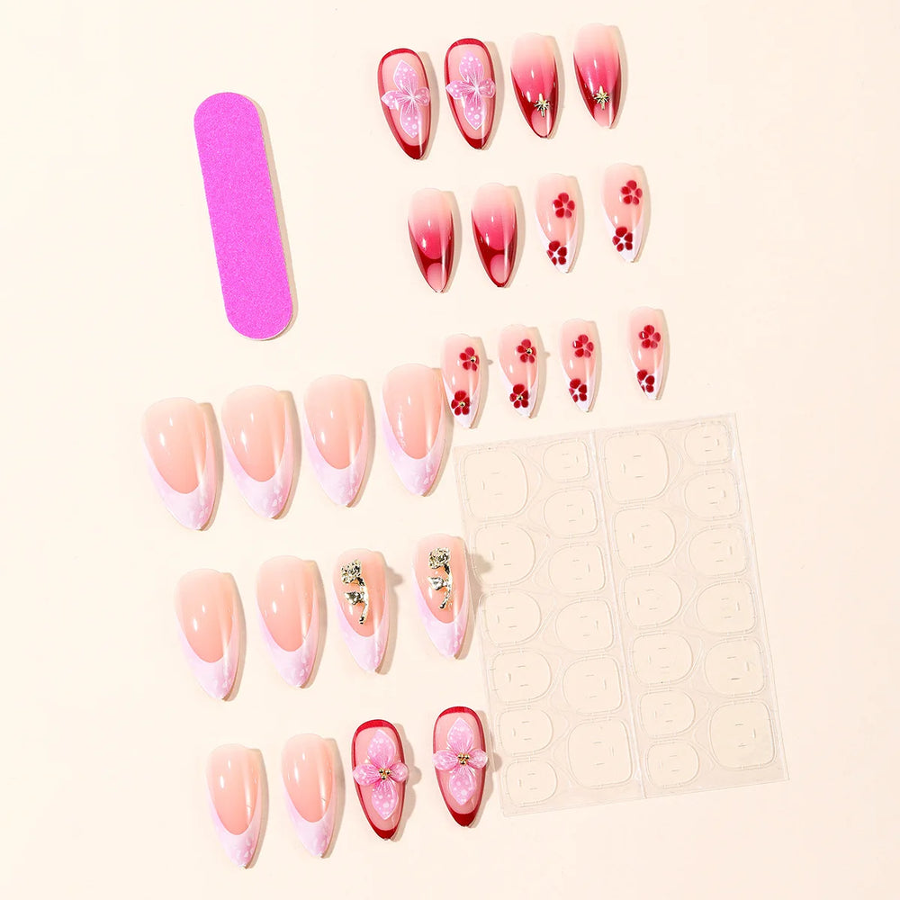 3D Embossed Flower Rhinestone Almond Press-On Nails – Pink Red Gradient