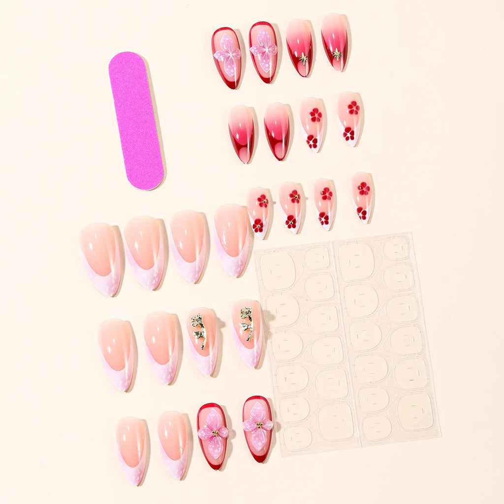 3D fake nails for women girls gradient pink red embossed flowers with golden rhinestones almond nail tips press on false nail