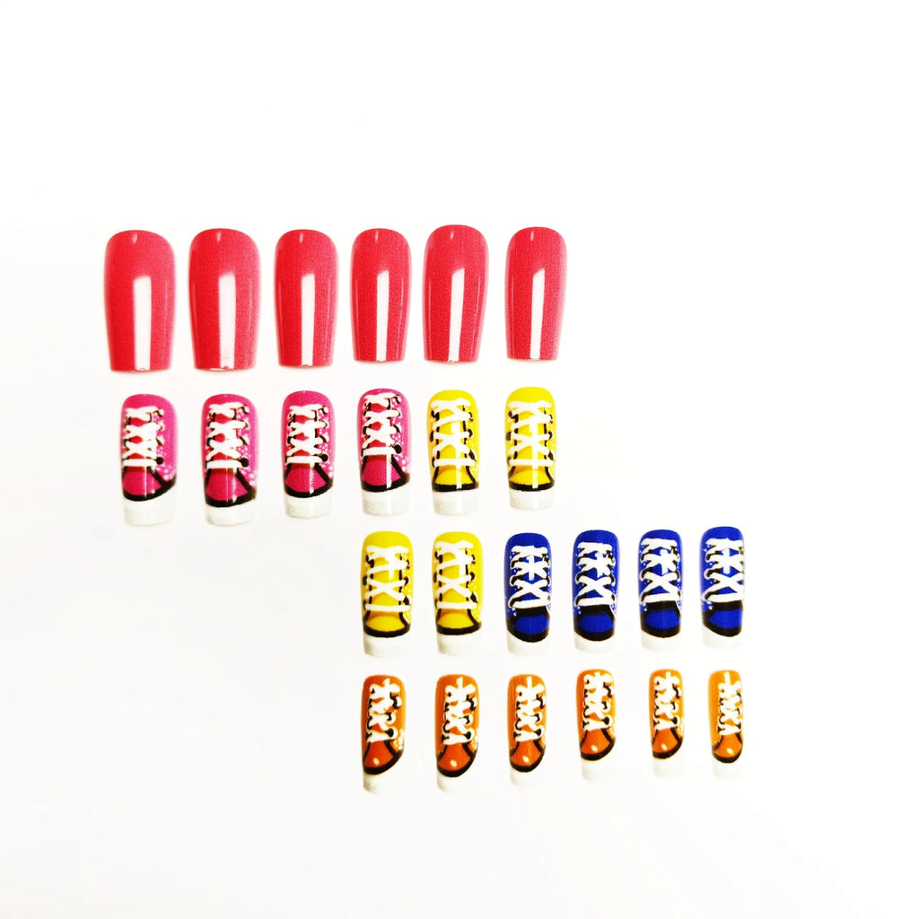 24pcs/set Medium fake nails for women Y2K blue orange pink red shoes print Square nail tips full cover acrylic press on nails