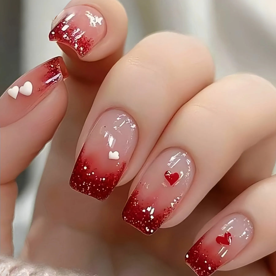 Pink Red Gradient Cute Heart Valentine's Press-On Nails – Medium Long Square Almond, 24 Pcs
