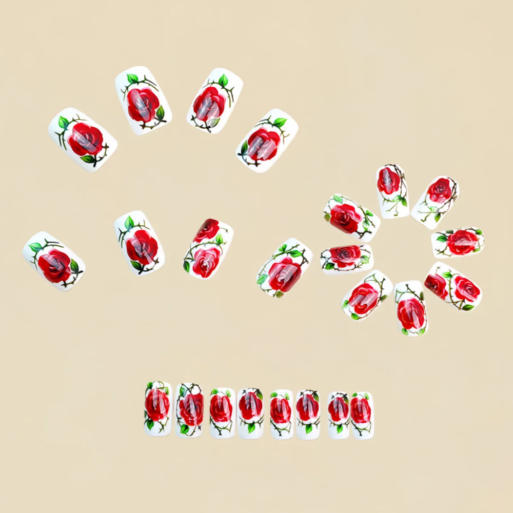 Red Rose Valentine's Press-On Nails – Black & White Square, Medium