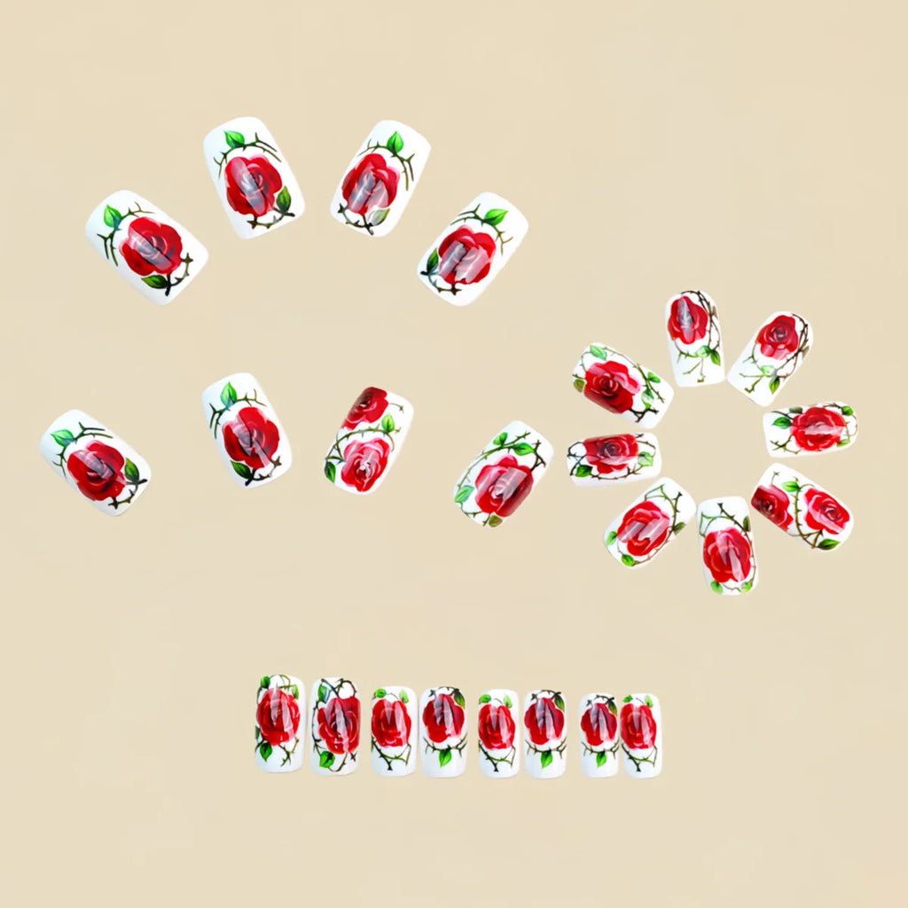 Medium Fake Nails for Women Girls Red Rose Flowers for Valentine's Day Black White Square Nail Tips Press On False Nail Art