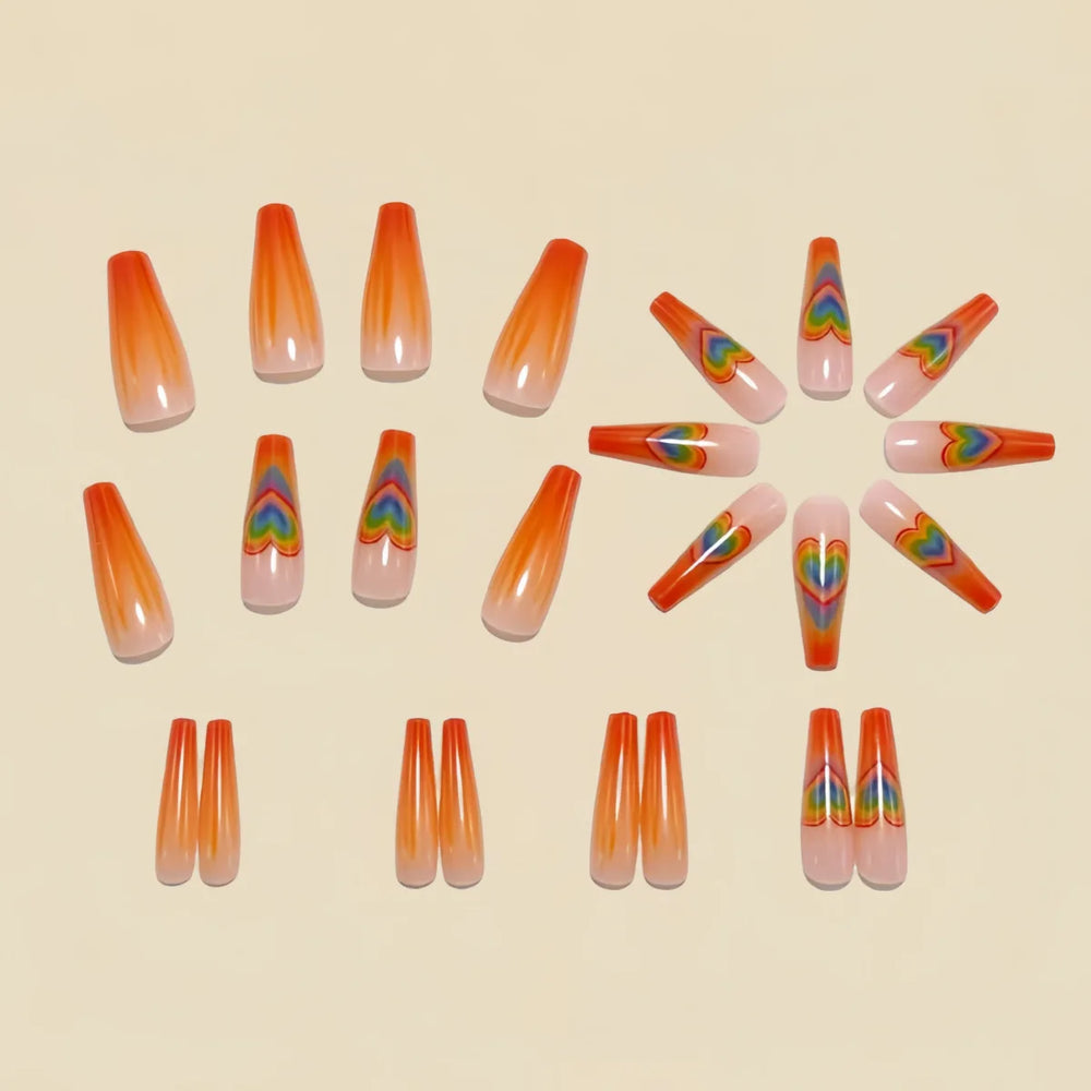 Y2K Orange Purple Yellow Flower Heart Press-On Nails – Medium Long