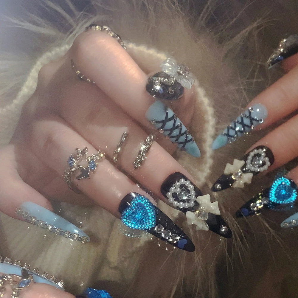 Black & Blue 3D Bow Pearl Heart Press-On Nails – Long Stiletto, 24 Pcs