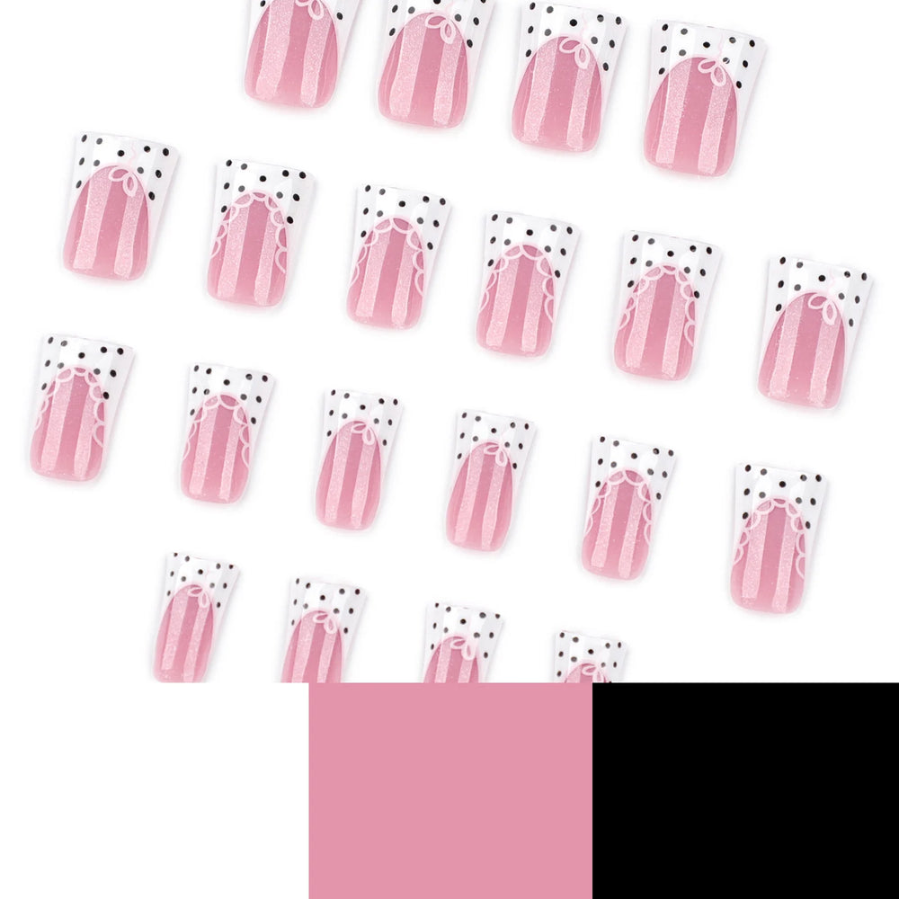 White French Black Polka Dot Lace Press-On Nails – Duckbill, 24 Pcs