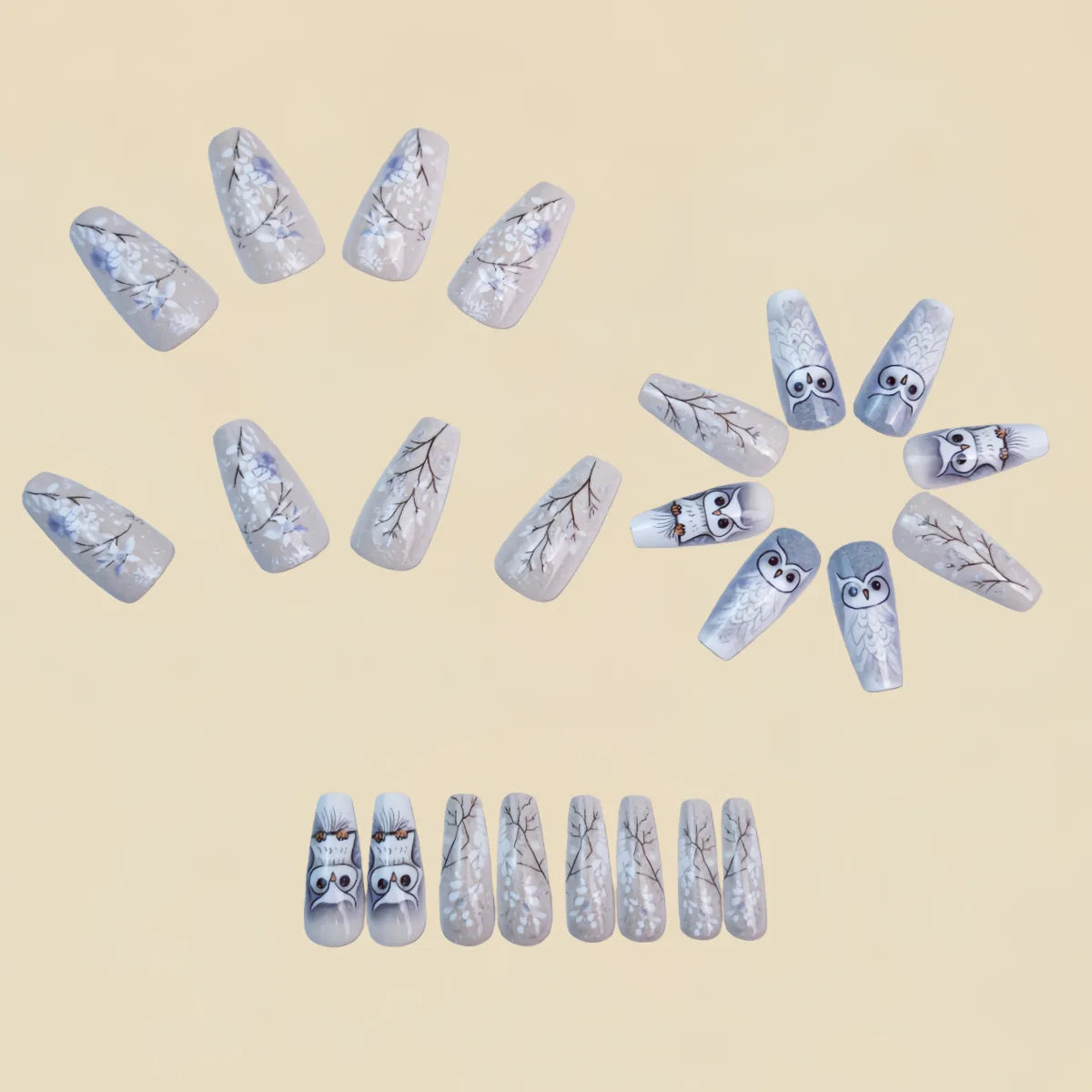 24pcs/set Medium fake nails for women gilrs cute bear Owl animals design glossy Ballet shape nail tips press on false nail art