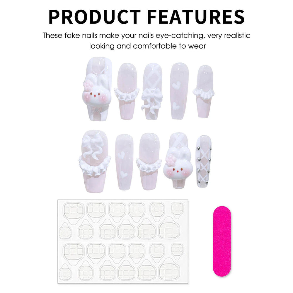 Light Pink French 3D Rabbit Handmade Press-On Nails – Long Coffin, 10 Pcs
