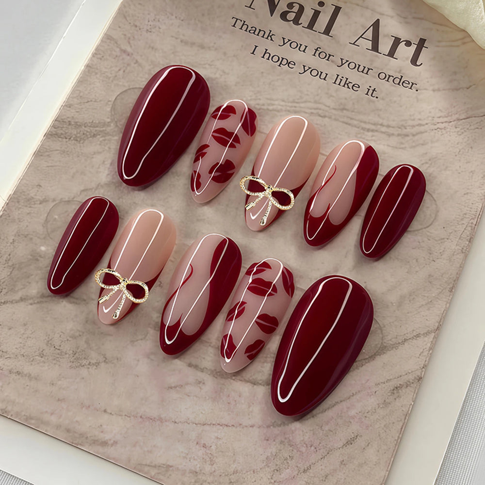 Red Lips Print Wine French Press-On Nails – Almond, 30 Pcs