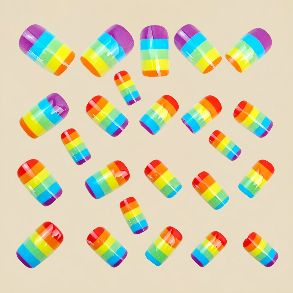24pcs/set colorful fake nails Y2K yellow red blue purple green horizontal stripes Medium square shape press on fasle nail art