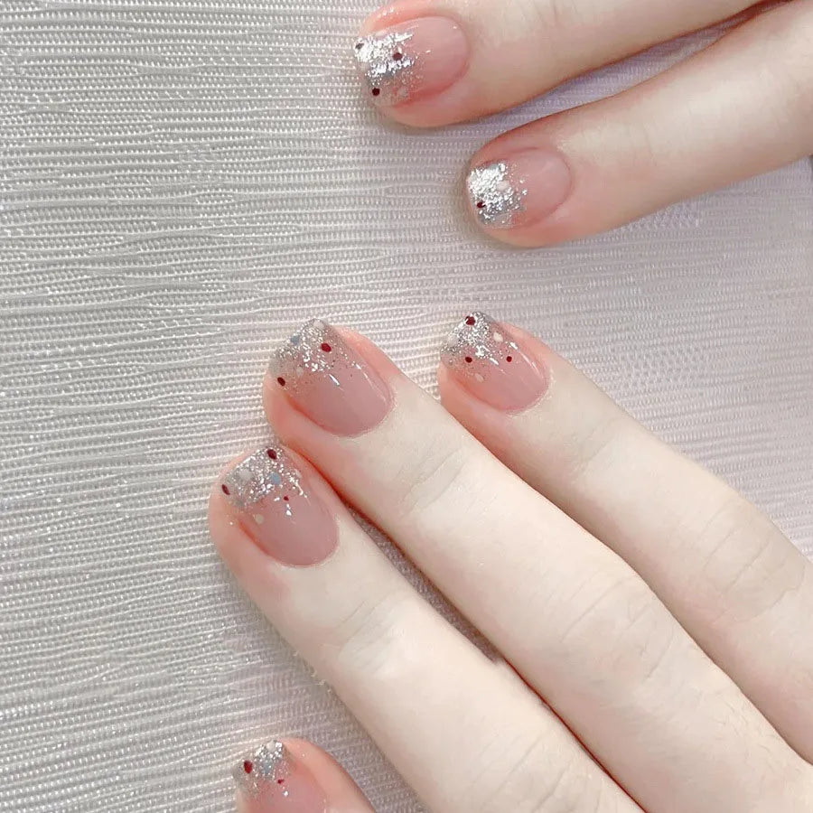 Short fake nails for women girls nude pink with Sparkling glitters design full cover square nail tips press on false nail art