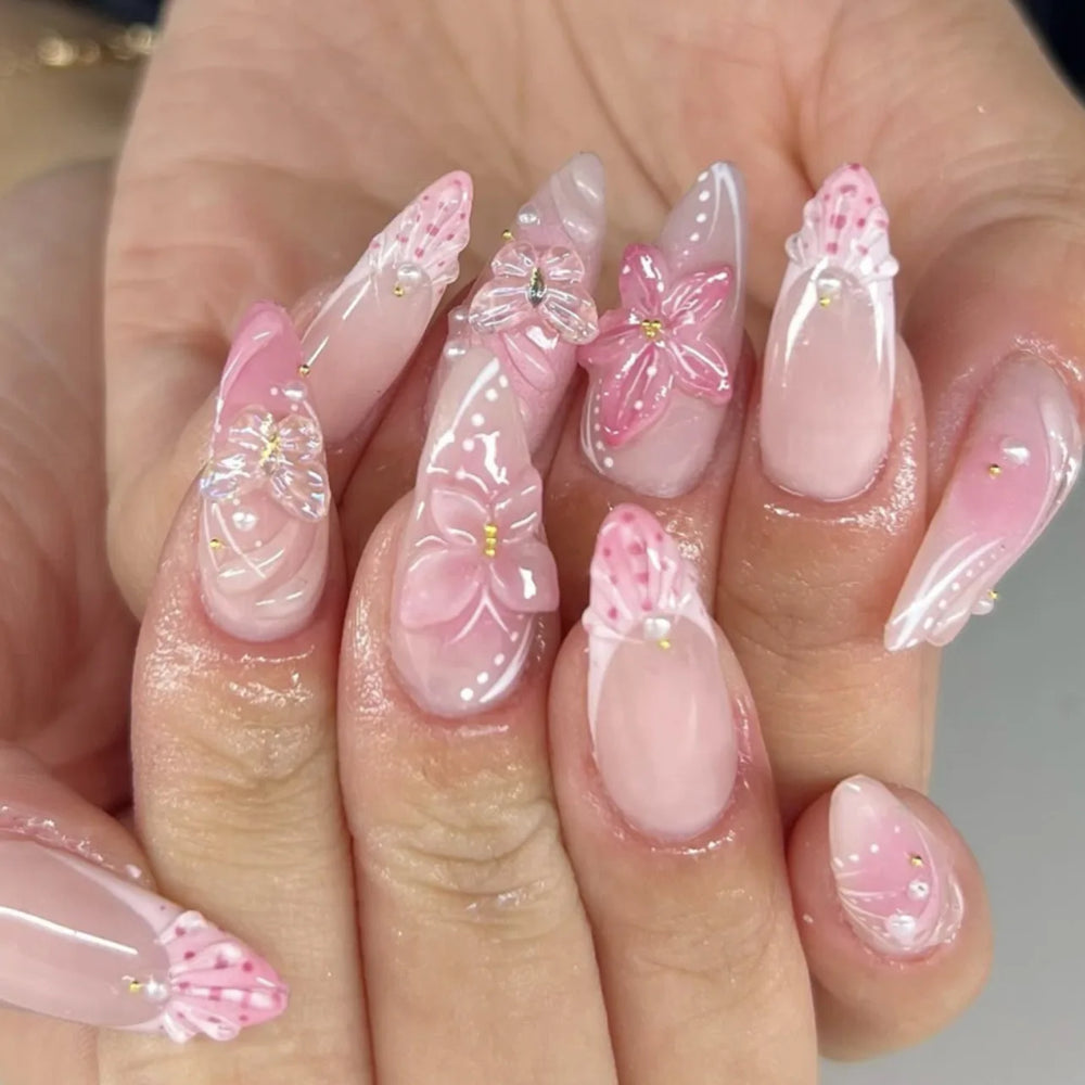 3D Green Ripple Cat-Eye French Almond Press-On Nails – Leaf Pattern, 24 Pcs