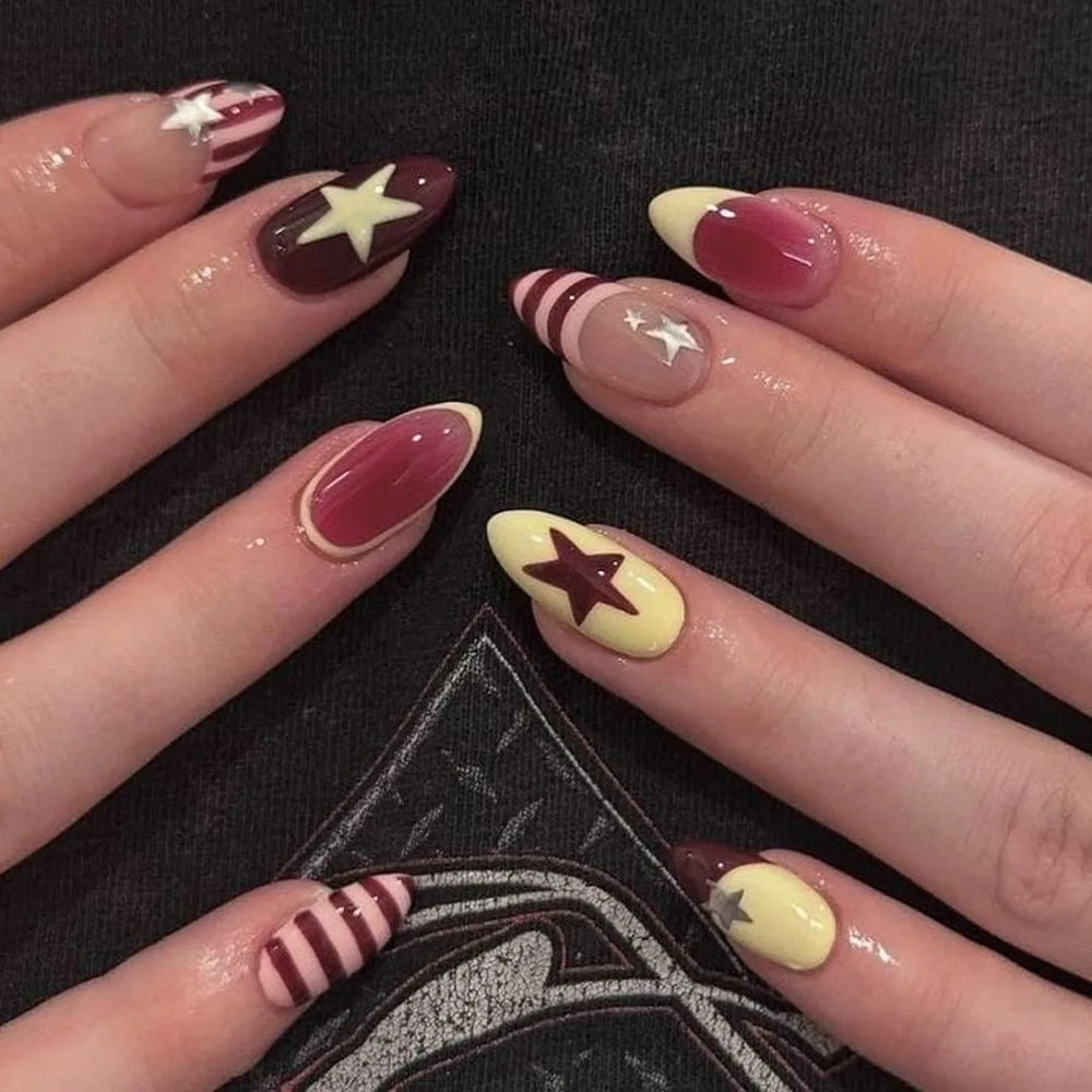Colorful Star & Stripe French Y2K Press-On Nails – Almond, 24 Pcs