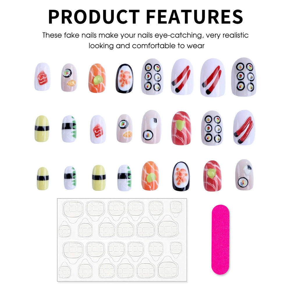 Cute Sushi Cartoon Press-On Nails – Short Oval, 24 Pcs