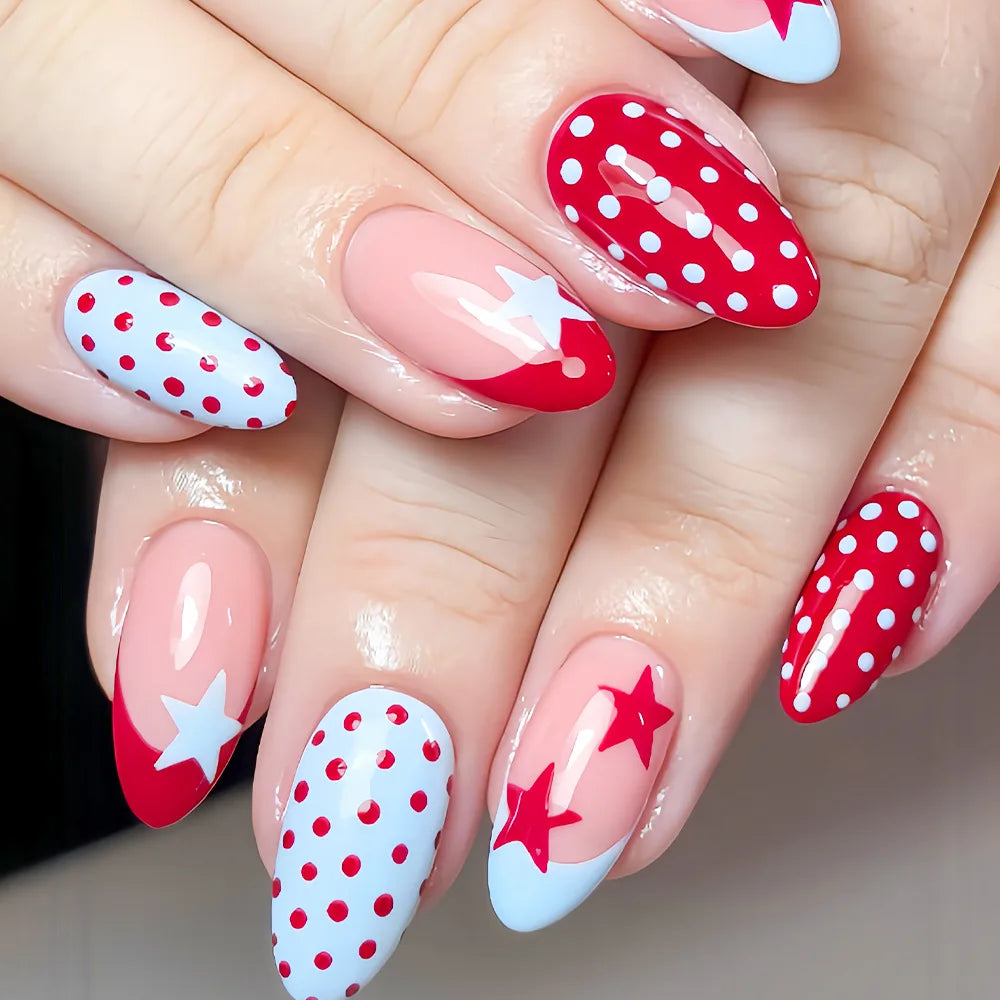 Pink Red White Polka Dot Star French Almond Press-On Nails – Medium