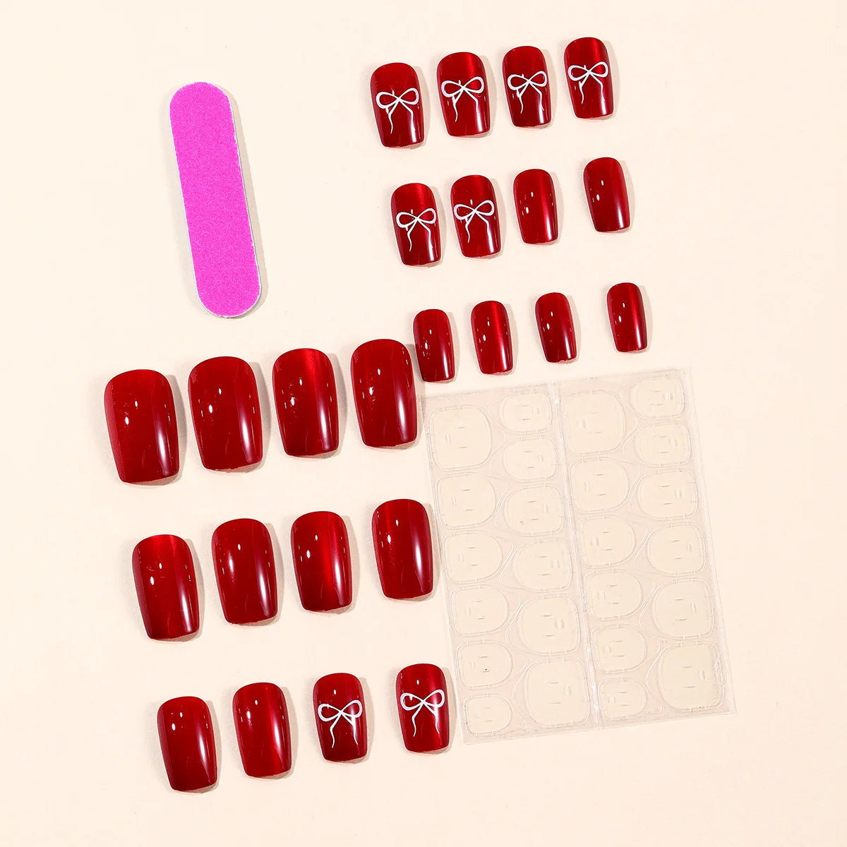 Medium fake nails for women gilrs cat eyes new year red with white heart bowknot design Square almond shape press on nails art
