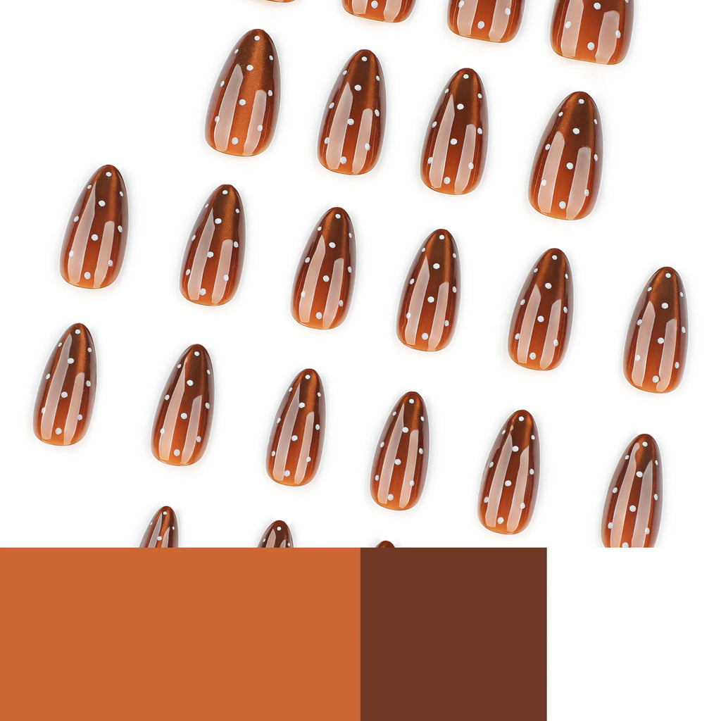 24pcs/set Brown cat eyes fake nails with white polka dots glossy almond tips for Autumn winter full cover reusable press on nail