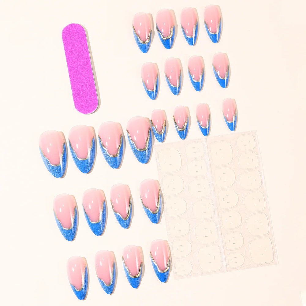 Blue Cat-Eye French Tip Press-On Nails – Almond, 24 Pcs