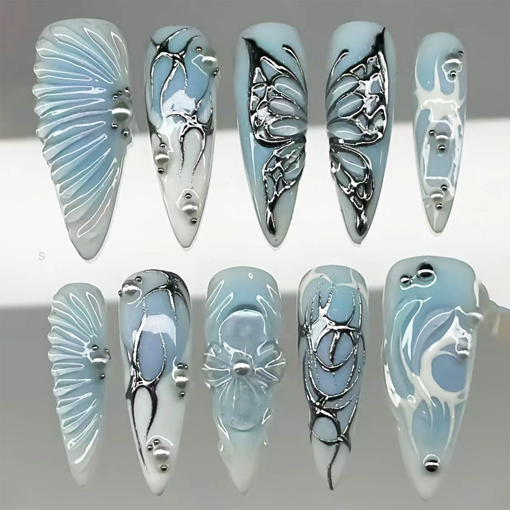 Blue Marble Chrome Butterfly Handmade Press-On Nails – Stiletto, 10 Pcs