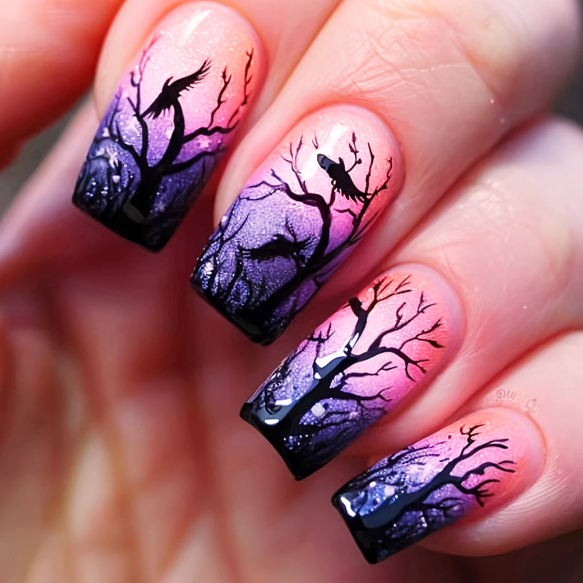 24pcs/set Medium fake nails for women girls bat skull flowers pumpkin for Halloween Almond square tips press on false nail art
