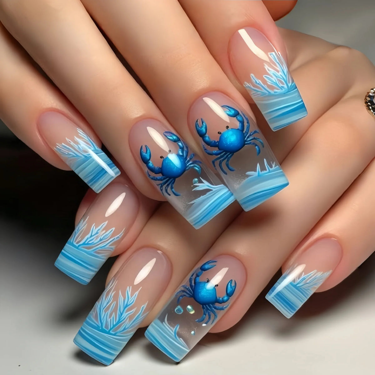 24pcs/set Medium Long Fake Nails for Summer Gradient Blue Ocean Jellyfish Water Plan Fish Cute Square Tips Press On False Nail