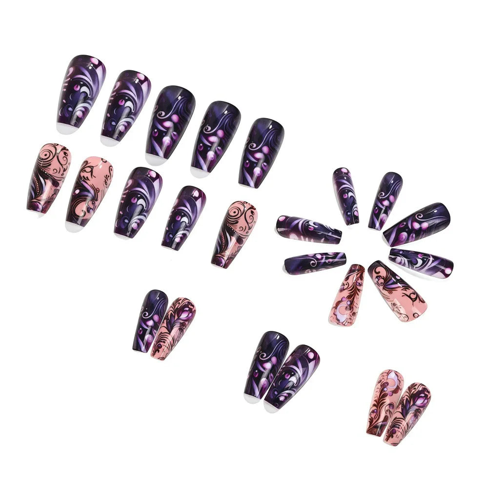 Purple & Black Floral Stripe Ballet Press-On Nails – Medium