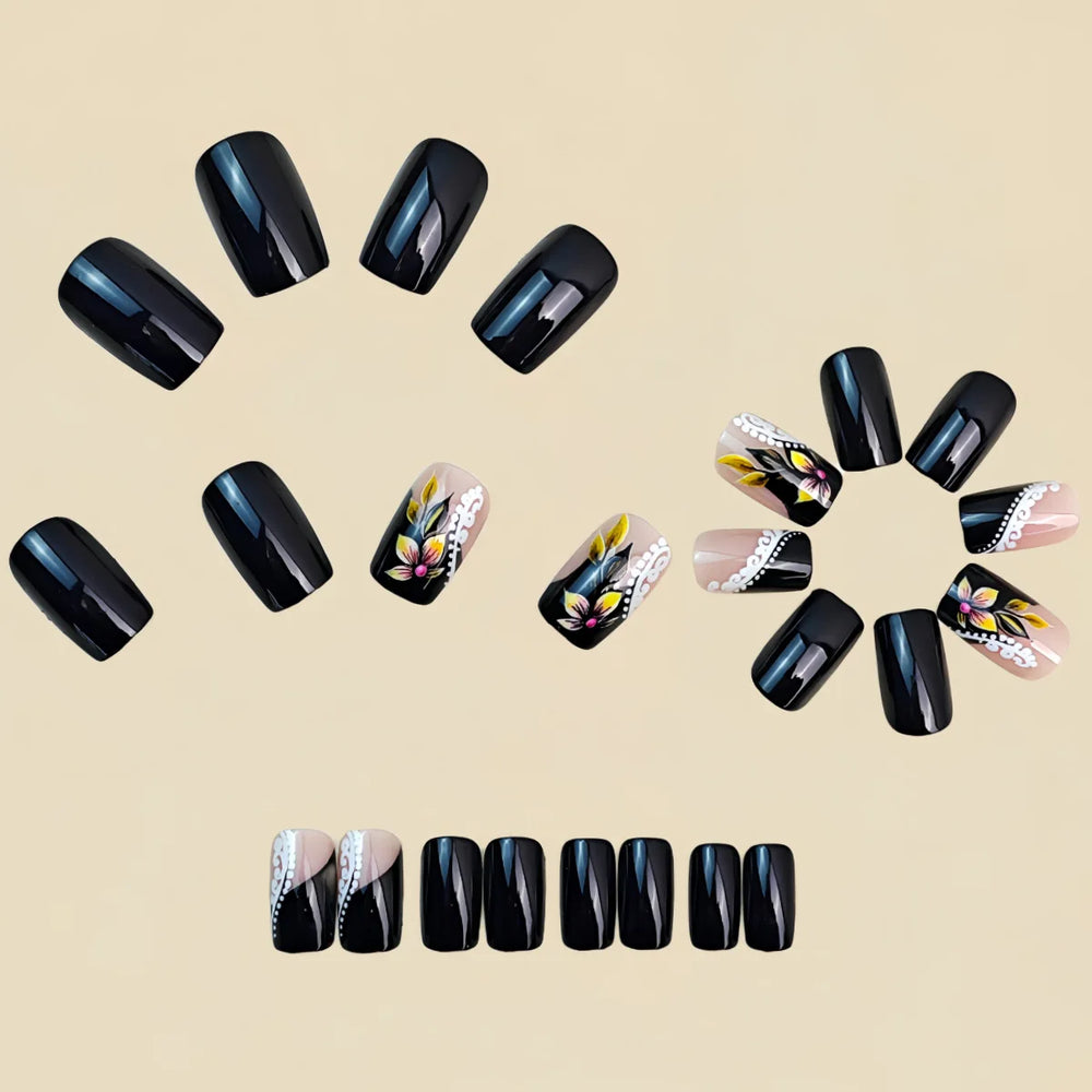 Black & Blue French Square Press-On Nails – Butterfly Polka Dot, Medium