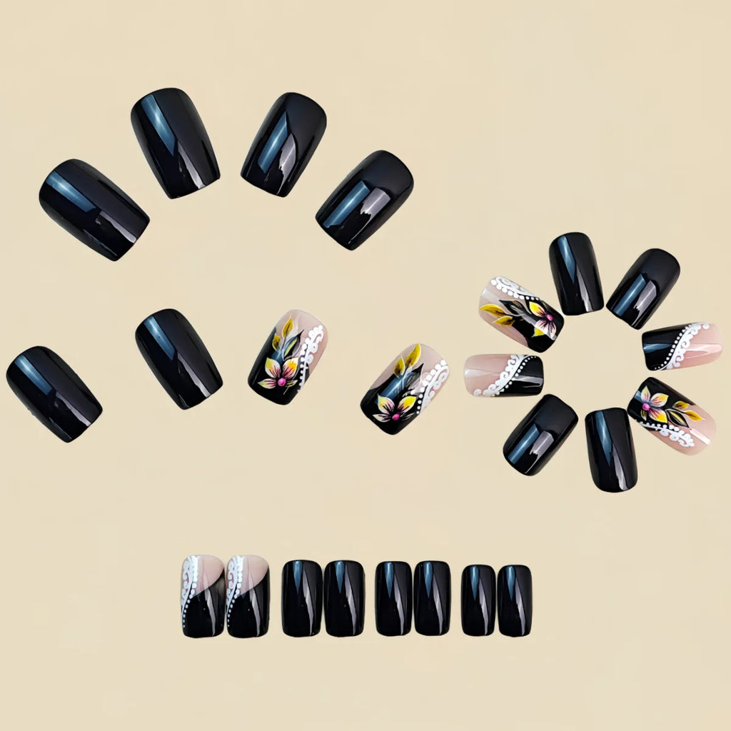 Medium fake nails for women girls Spring summer flowers butterfly polka dots black blue french square nail tips press on nail