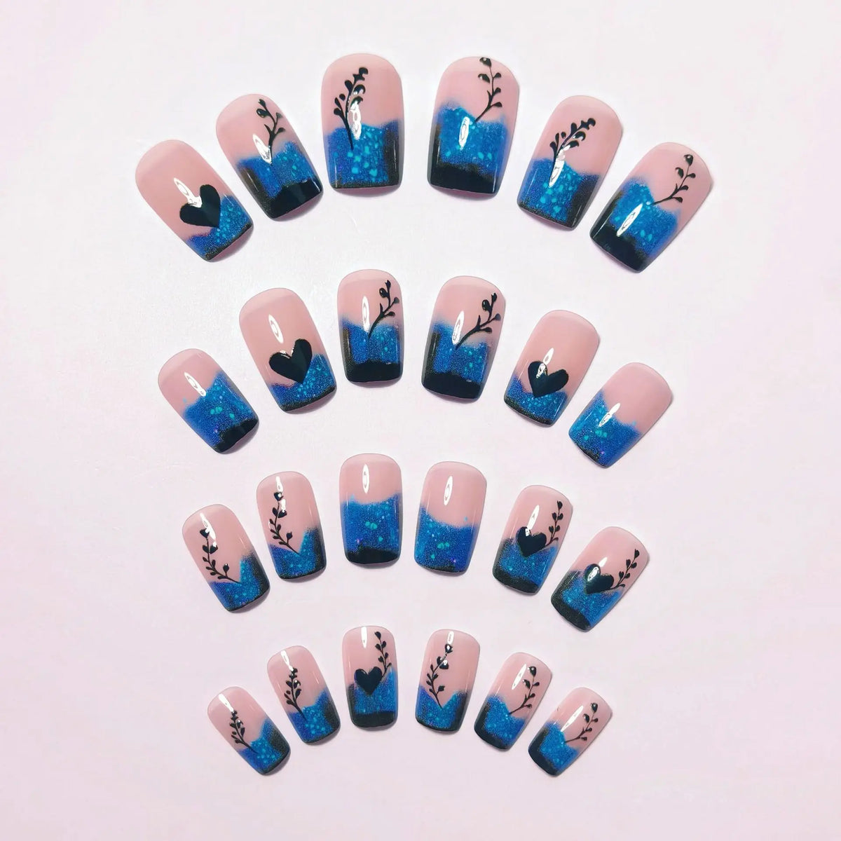 Short Medium Square fake nails for women girls Gradient deep blue with flowers design full cover press on acrylic false nail art