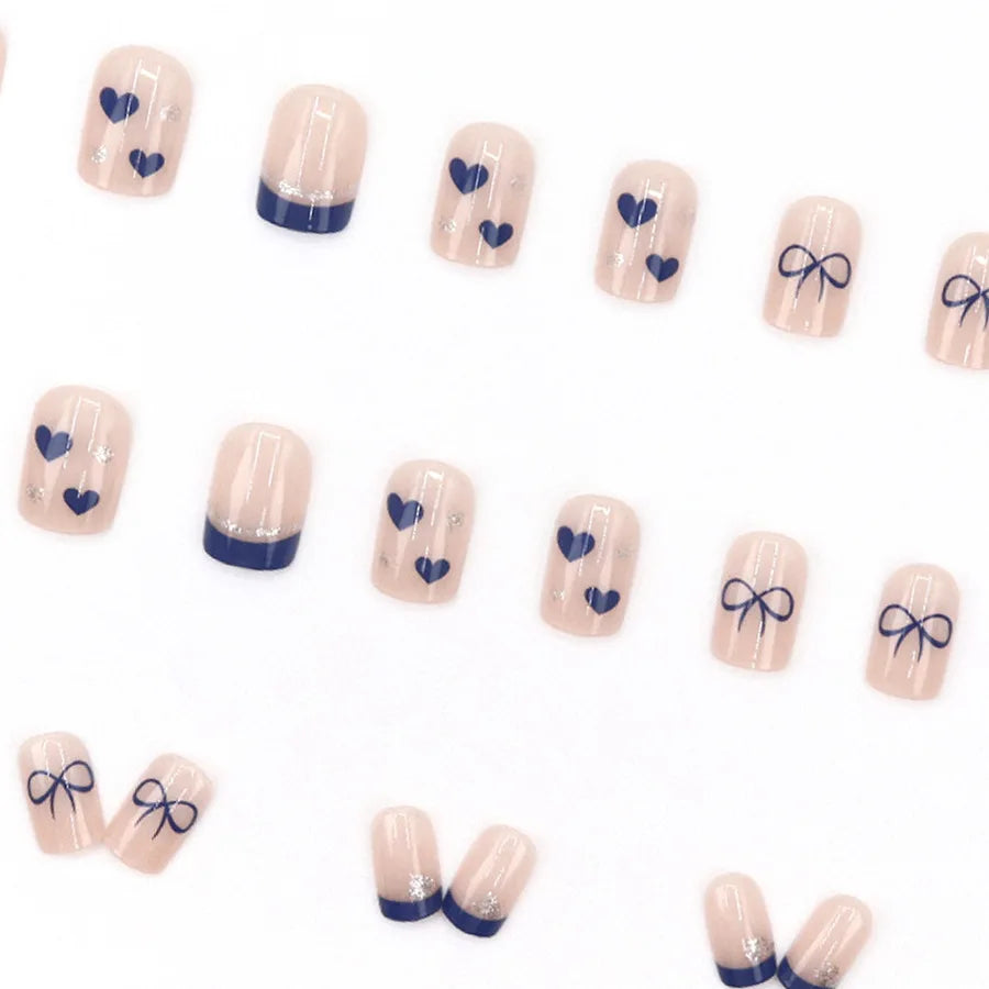 Short Medium fake nails for women girls french blue light green heart with sparking glitters for Valentine's Day press on nail