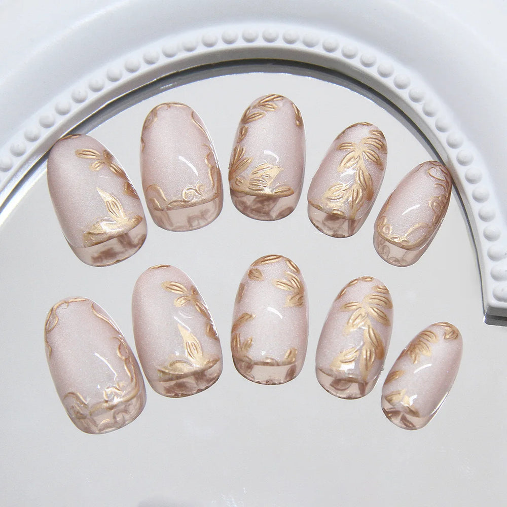 3D Gold Gilded Flower Nude Blue Cat Eye Oval Press-On Nails – Short
