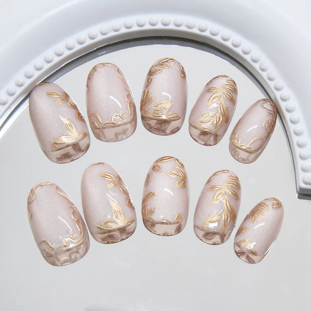 Short fake nails for women 3D golden gilding flowers nude blue cat eyes glossy Oval nail tips full cover press on false nail art