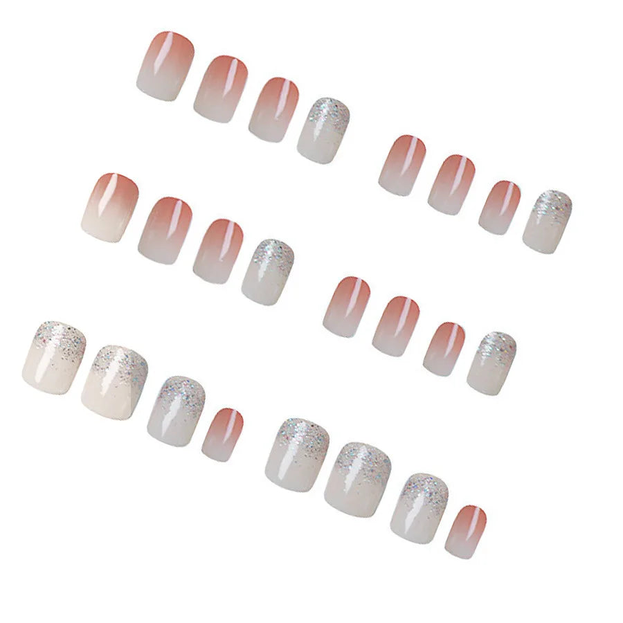 Short square fake nails for women girls gradient pink red white colors with sparkling gliters full cover press on fasle nail art