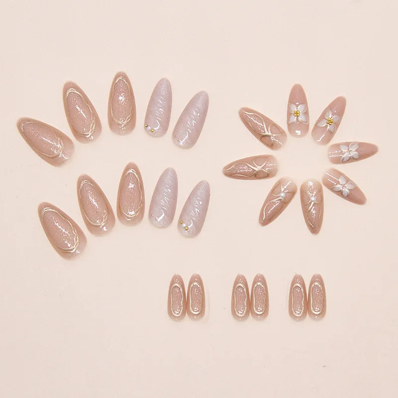 Short Medium fake nails for women Nude golden green shimmer nail tips oval almond shape flora design full cover press on nails
