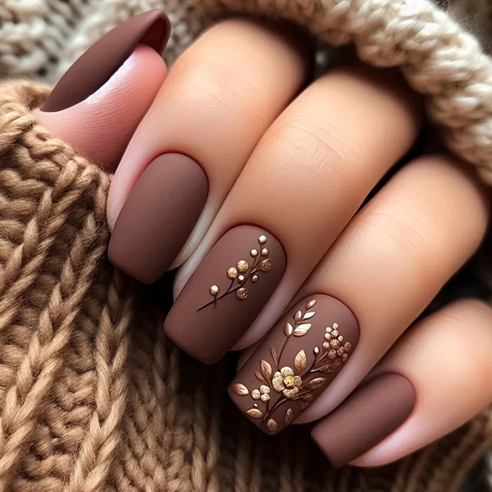 24pcs/set Medium long fake nail for Autumn Winter fashion maple leaves flowers brown green white pink tips press on false nail