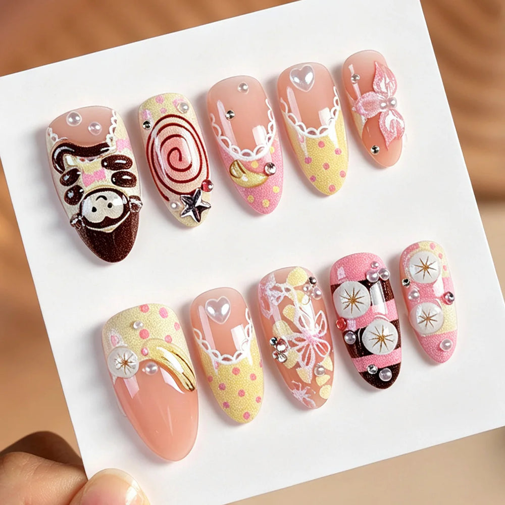 Japanese Cartoon Monkey & Flower Press-On Nails – Ballet, 30 Pcs