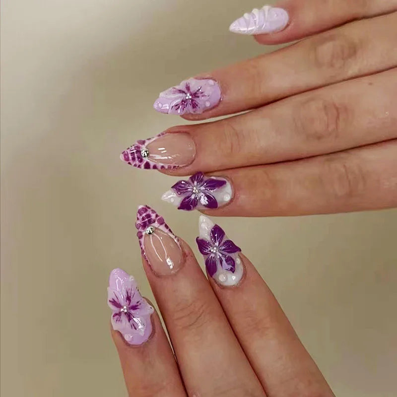 Medium fake nails for women Gradient nude brown blue flowers or rhinestones fall winter almond tips press on false nail art set