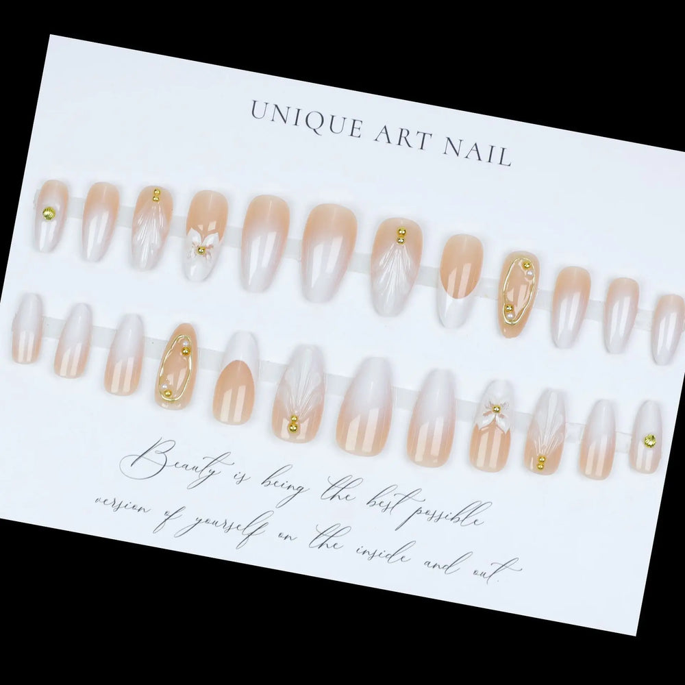 Gold Stripe Flower White French Press-On Nails – Almond, 24 Pcs