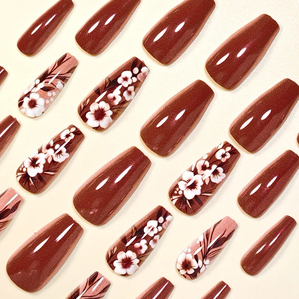 Medium long fake nails for women girls full cover Brown Square ballet nail tips with flowers design press on false nail art set