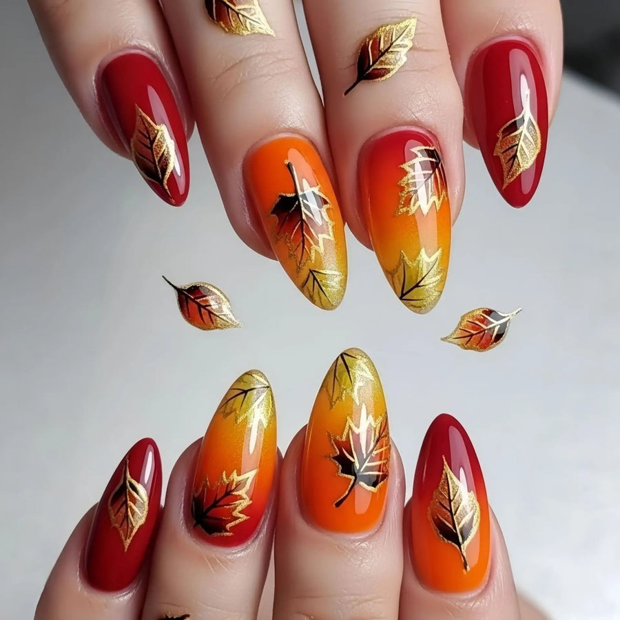 Gold & Silver Leaf Flower Press-On Nails – Orange Grey Gradient, Almond Square