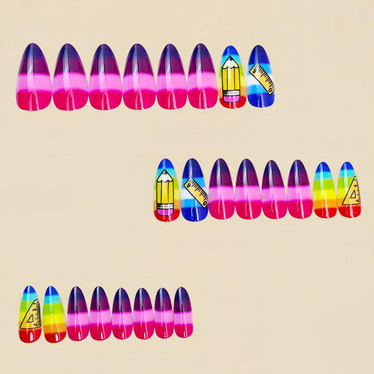 Medium fake nails for women girls Y2K Campus Pencil design black yellow purple pink blue almond nail tips press on false nail