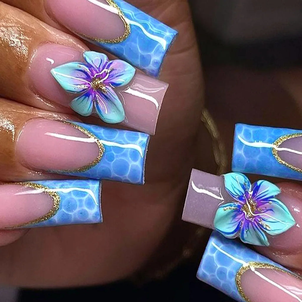 Medium long fake nails for women gilrs 3D flowers gradient blue square nail tips for Spring summer full cover press on fals nail