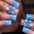 Medium long fake nails for women gilrs 3D flowers gradient blue square nail tips for Spring summer full cover press on fals nail