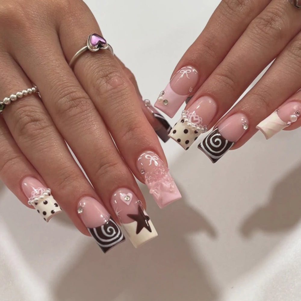 Nude Pink 3D Bow French Press-On Nails – Long Square, 24 Pcs