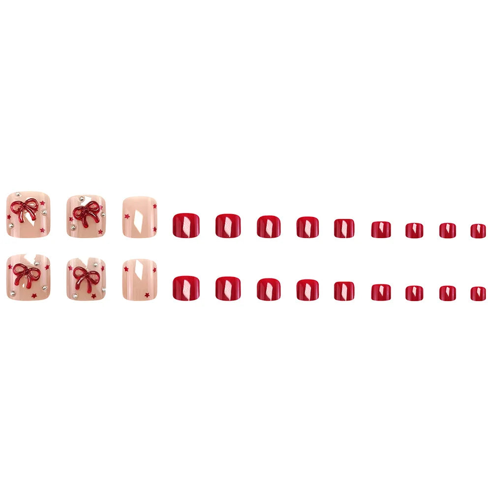 Red Bow & Star Rhinestone Press-On Toenails – Short Square, 24 Pcs