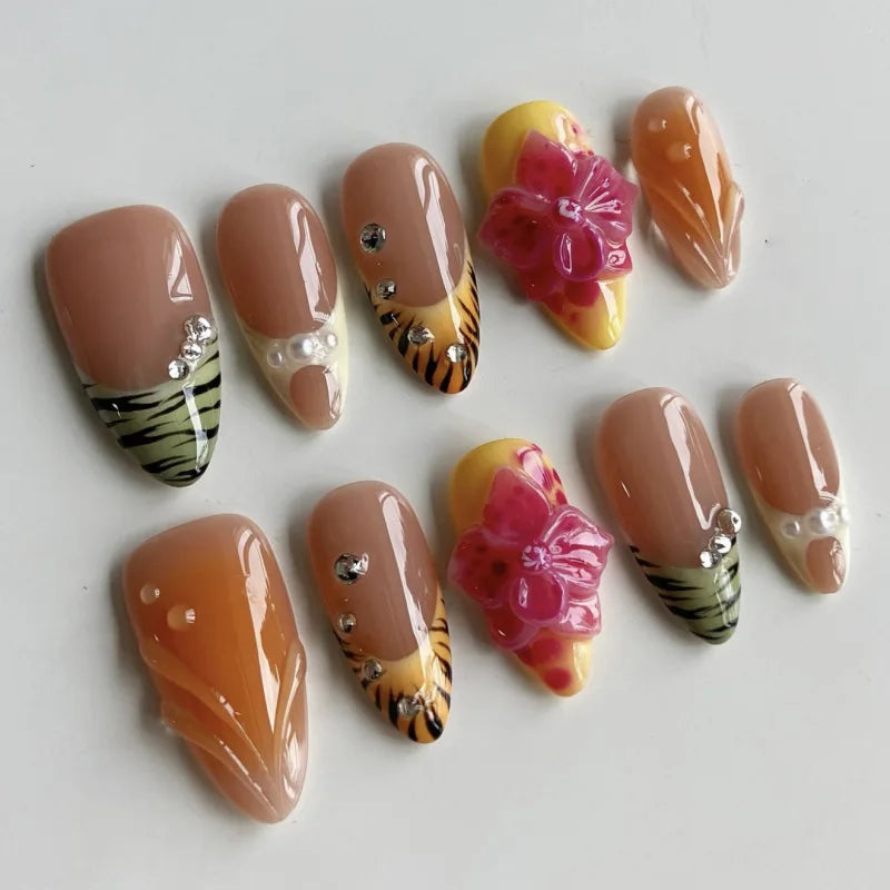 Tropical Hibiscus & Butterfly French Press-On Nails – Almond, 24 Pcs