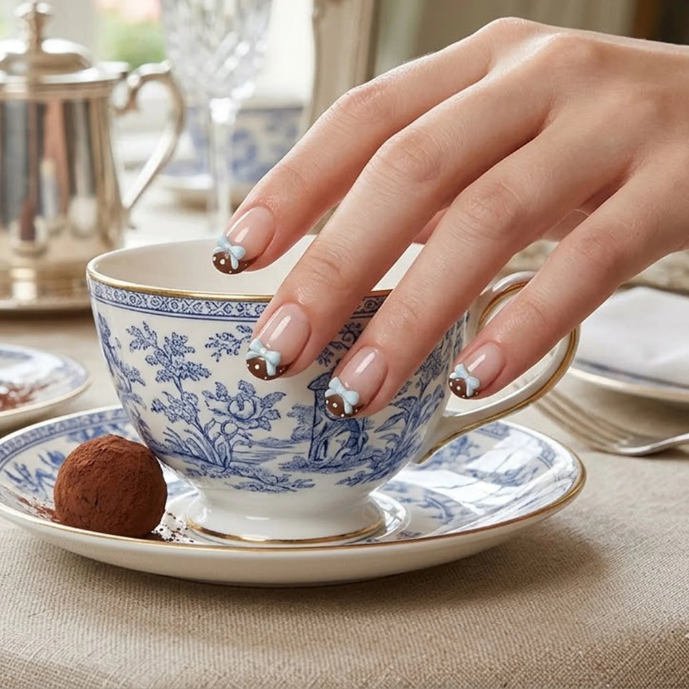 Brown & Blue Polka Dot Bow Press-On Nails – Short Oval, 24 Pcs