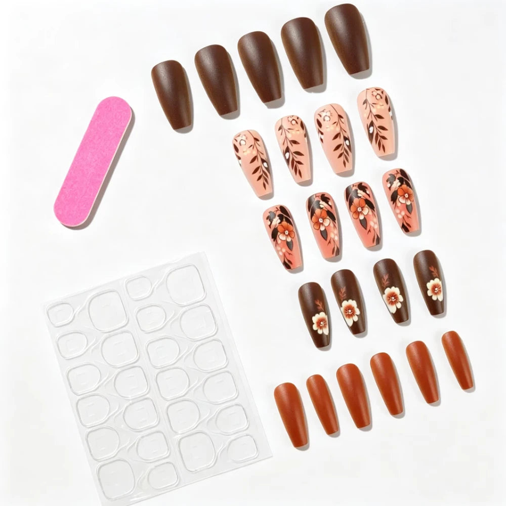 Medium fake nails for women coffee brown colors nail tips with flowers design ballet shape full cover reusable press on nails