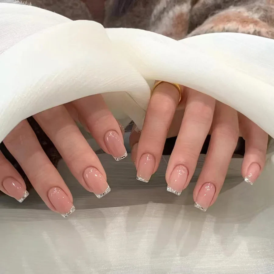 Nude French Press-On Nails with Silver, Red & Gold Frame Edge – Square, 24 Pcs