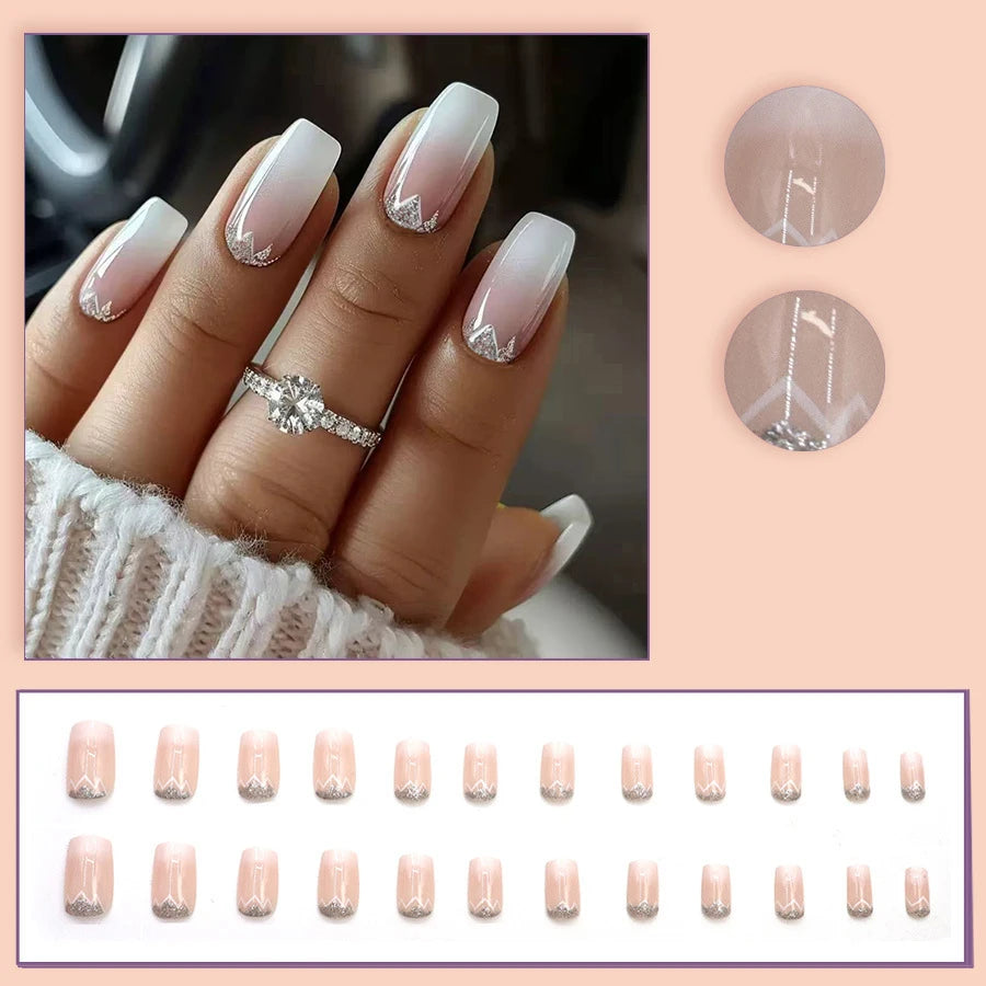Gradient nude pink fake nails for women Square shape nail tips with silver glitters full cover press on Artificial Nails set