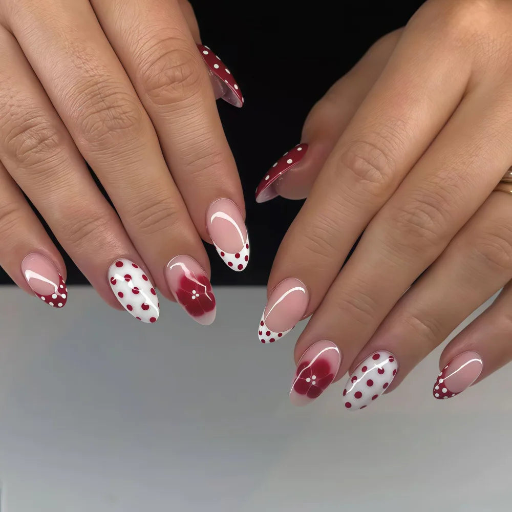 Medium fake nails gradient red pink white fashion Polka dots design full cover french Almond nail tips press on false nail art